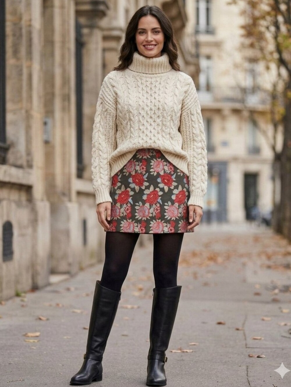 Contemporaine by Simons Black Mini Skirt with Red and Blue Floral Jacquard